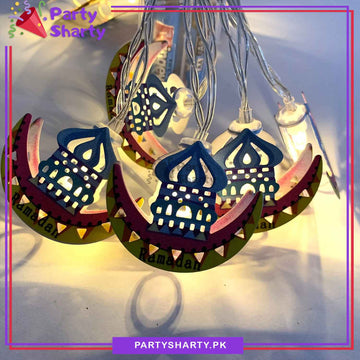 Ramadan Printed Multi Color Crescent With Masjid Shaped Led Metal String Light For Ramadan Decoration And Celebration